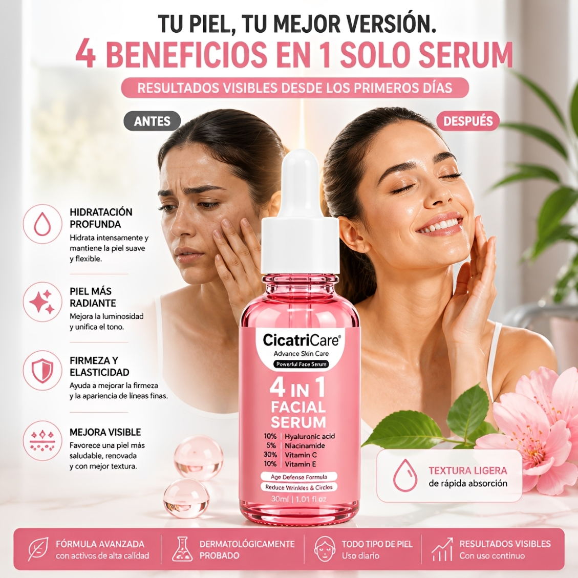 Serum Facial 4 en 1 Hidratación, Luminosidad y Piel Uniforme